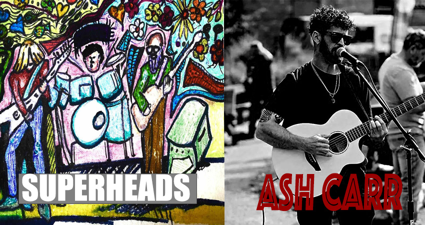 Ash Carr playing a guitar with image of graffiti